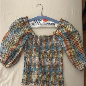 Ganni Multi-Color Smocked Puff Sleeve Plaid Top